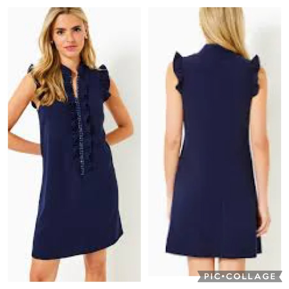Lilly Pulitzer Adalee Navy Blue Ruffle Sleeveless Pearl Zipper Shift Dress 0
